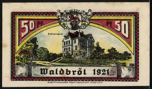 Notgeld Waldbröl 1921, 50 Pfennig, Bauer und Bergmann, Kreishaus