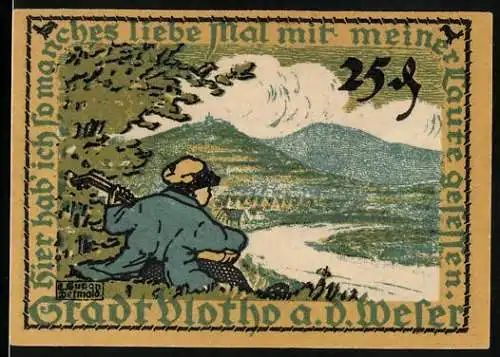 Notgeld Vlotho a. d Weser 1921, 25 Pfennig, Gitarrenspieler mit Ortsblick