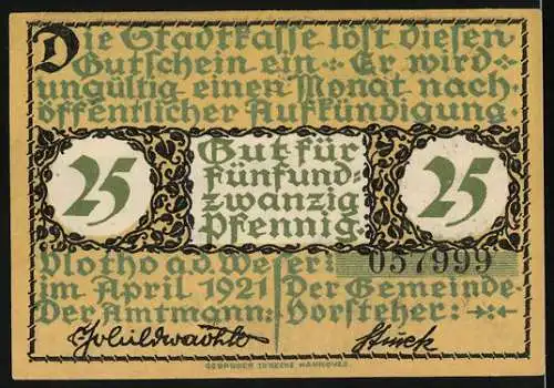 Notgeld Vlotho a. d Weser 1921, 25 Pfennig, Gitarrenspieler mit Ortsblick