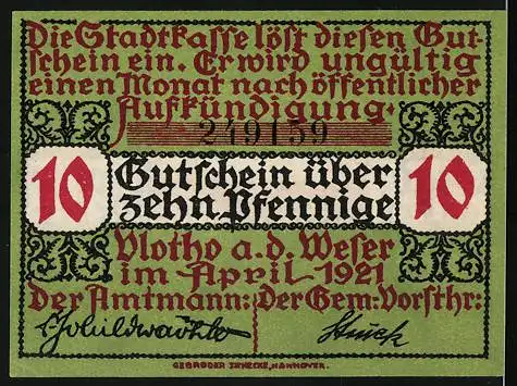 Notgeld Vlotho /Weser 1921, 10 Pfennig, Wappen