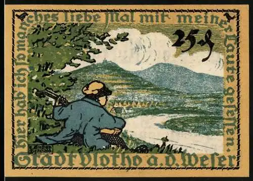 Notgeld Vlotho a. d. Weser 1921, 25 Pfennig, Gitarrenspieler mit Ortsblick