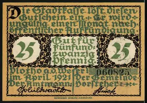 Notgeld Vlotho a. d. Weser 1921, 25 Pfennig, Gitarrenspieler mit Ortsblick