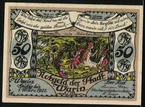 Notgeld Warin i. M. 1922, 50 Pfennig, Wappen, Prinzessin mit Zwergen