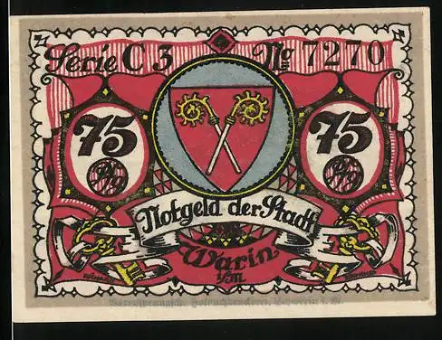 Notgeld Warin i. M. 1922, 75 Pfennig, Wappen, Prinzessin mit Schäfer
