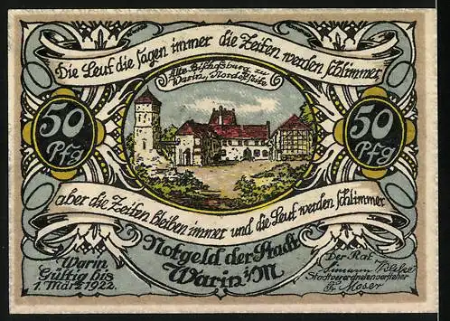 Notgeld Warin i. M. 1922, 50 Pfennig, Wappen und alte Bischofsburg