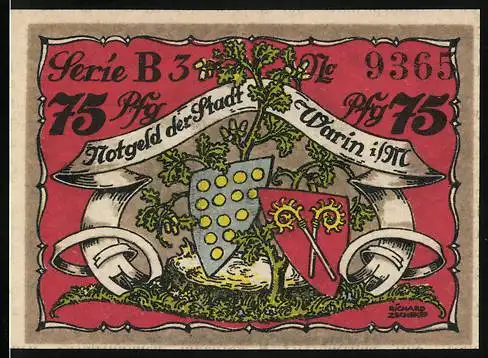 Notgeld Warin i. M. 1922, 75 Pfennig, Wappen, Blick zum Amt 8frühere Bischofsburg)