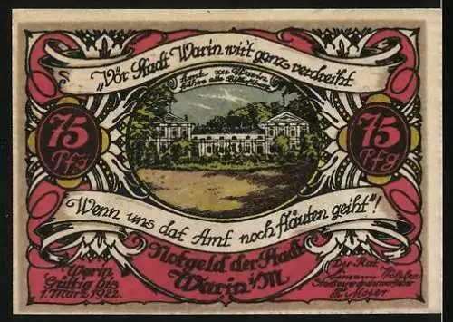 Notgeld Warin i. M. 1922, 75 Pfennig, Wappen, Blick zum Amt 8frühere Bischofsburg)