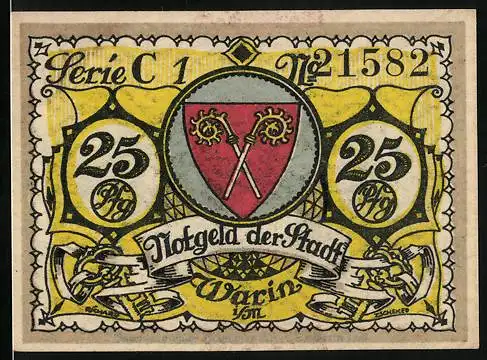 Notgeld Warin i. M. 1922, 25 Pfennig, Wappen und zerstörte Brücke