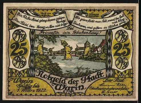 Notgeld Warin i. M. 1922, 25 Pfennig, Wappen und zerstörte Brücke