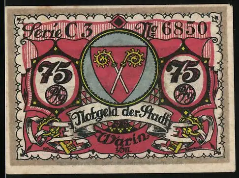 Notgeld Warin i. M. 1922, 75 Pfennig, Wappen und Prinzessin mit Schäfer
