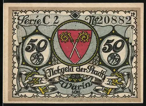 Notgeld Warin i. M. 1922, 50 Pfennig, Wappen und Prinzessin mit Zwergen