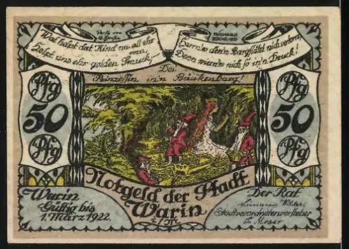 Notgeld Warin i. M. 1922, 50 Pfennig, Wappen und Prinzessin mit Zwergen
