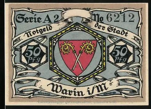 Notgeld Warin i. M. 1922, 50 Pfennig, Wappen und Seufzerbrücke