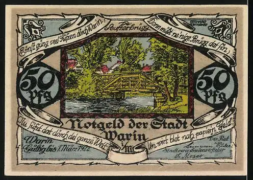 Notgeld Warin i. M. 1922, 50 Pfennig, Wappen und Seufzerbrücke