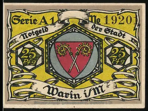 Notgeld Warin i. M. 1920, 25 Pfennig, Wappen und De Sandhaf