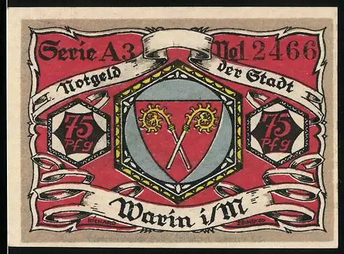 Notgeld Warin i. M. 1922, 75 Pfennig, Wappen und Stadtansicht
