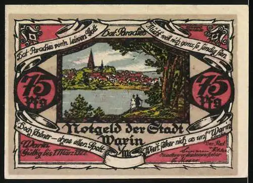 Notgeld Warin i. M. 1922, 75 Pfennig, Wappen und Stadtansicht