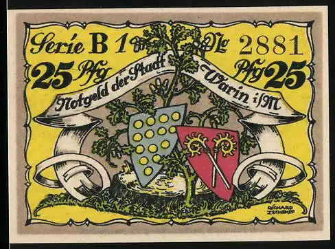 Notgeld Warin i. M. 1922, 25 Pfennig, Wappen und alte Bischofsburg