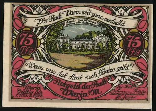 Notgeld Warin i. M. 1922, 75 Pfennig, Wappen und Amt (früher Bischofsburg)
