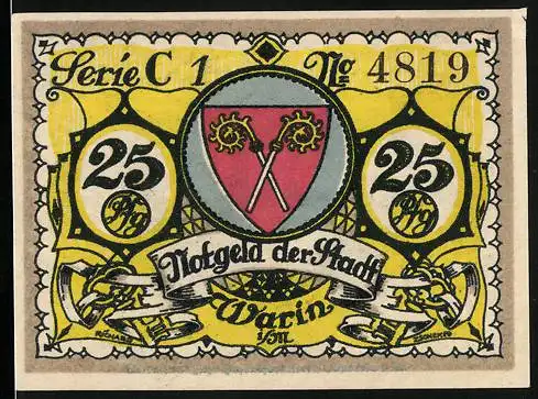 Notgeld Warin i. M. 1922, 25 Pfennig, Wappen und zerstörte Brücke