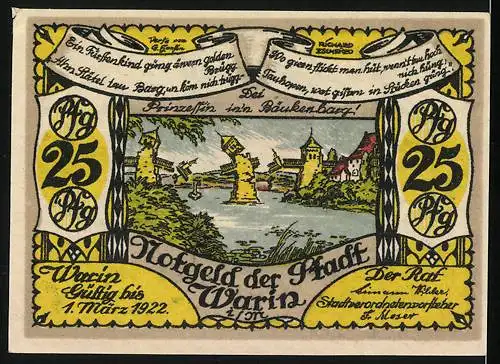 Notgeld Warin i. M. 1922, 25 Pfennig, Wappen und zerstörte Brücke