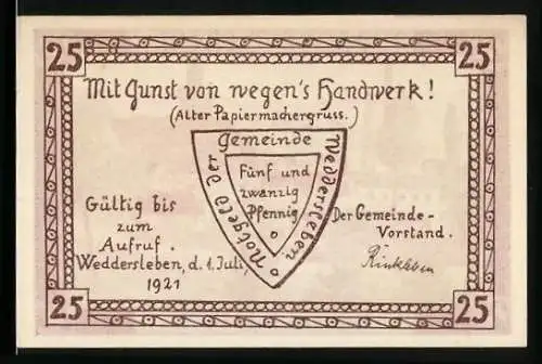 Notgeld Weddersleben 1921, 25 Pfennig, Papier-Fabrik