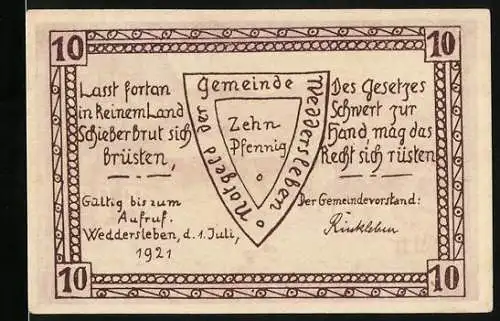 Notgeld Weddersleben 1921, 10 Pfennig, Blick vom Bodeberge