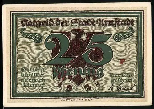 Notgeld Arnstadt 1921, 25 Pfennig, Bonifatiuskirche mit Hopfenbrunnen