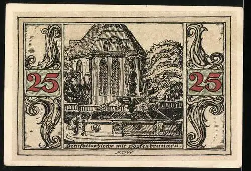 Notgeld Arnstadt 1921, 25 Pfennig, Bonifatiuskirche mit Hopfenbrunnen