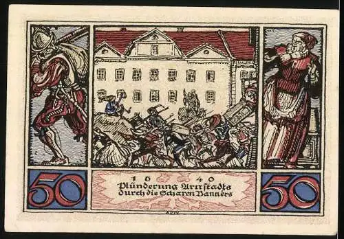 Notgeld Arnstadt 1921, 50 Pfennig, Plünderung durch die Scharen Banners