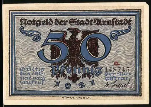 Notgeld Arnstadt 1921, 50 Pfennig, 1236 Menschen rafte die Pest dahin