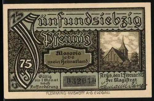 Notgeld Arys 1921, 75 Pfennig, Kirche und Wappen