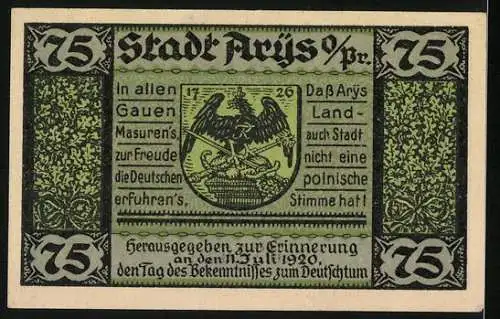 Notgeld Arys 1921, 75 Pfennig, Kirche und Wappen