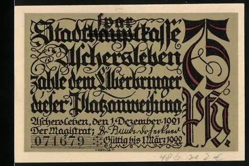 Notgeld Aschersleben 1921, 75 Pfennig, Die Bestehornstrasse