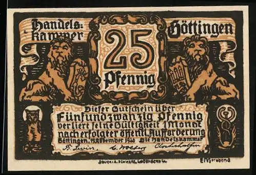 Notgeld Göttingen 1920, 25 Pfennig, Löwen und Wappen von Northeim und Uslar