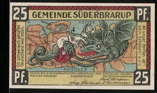 Notgeld Süderbrarup, 25 Pfennig, 10-Mark-Schein und Drachen