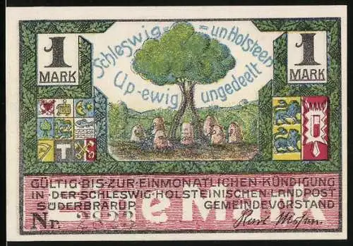 Notgeld Süderbrarup, 1 Mark, Up-ewig ungedeelt, Wir wollen keine Dänen sein