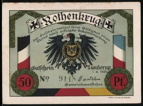 Notgeld Lunderup 1920, 50 Pfennig, Rothenkrug, Windmühle