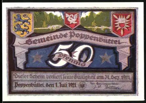 Notgeld Poppenbüttel 1921, 50 Pfennig, Wappen, Henneberg`s Park