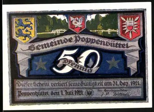 Notgeld Poppenbüttel 1921, 50 Pfennig, Wappen, Hohenbuchen