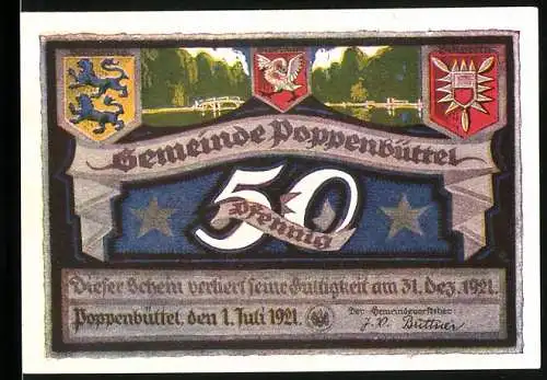 Notgeld Poppenbüttel 1921, 50 Pfennig, Wappen, Ortsansicht vor ca. 100 Jahren