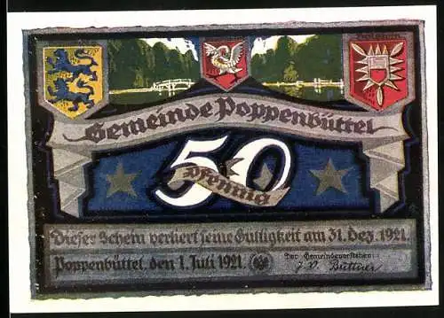 Notgeld Poppenbüttel 1921, 50 Pfennig, Wappen, Brücke über die Alster