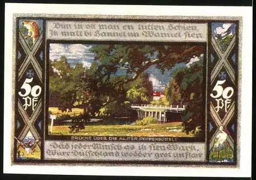 Notgeld Poppenbüttel 1921, 50 Pfennig, Wappen, Brücke über die Alster