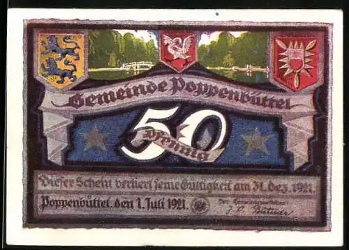 Notgeld Poppenbüttel 1921, 50 Pfennig, Wappen, Dorfteich in Wellingsbüttel