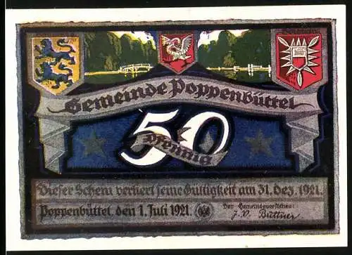 Notgeld Poppenbüttel 1921, 50 Pfennig, Wappen, Hellenburger Schleuse