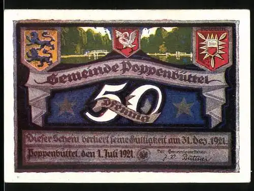 Notgeld Poppenbüttel 1921, 50 Pfennig, Wappen, Park-Zur Alsterschlucht