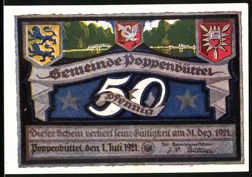 Notgeld Poppenbüttel 1921, 50 Pfennig, Wappen, Alster beim Ort