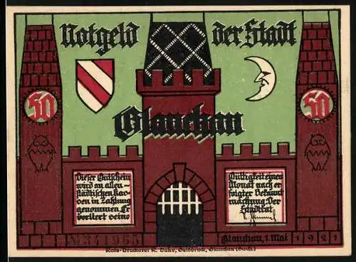 Notgeld Glauchau 1921, 50 Pfennig, Wappen und Burg, Bürger verspotten den Bürgermeister
