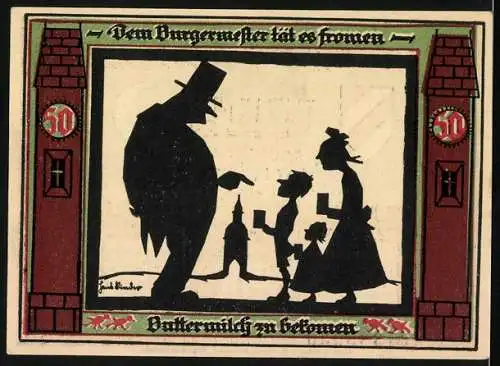 Notgeld Glauchau 1921, 50 Pfennig, der Bürgermeister möchte Buttermilch