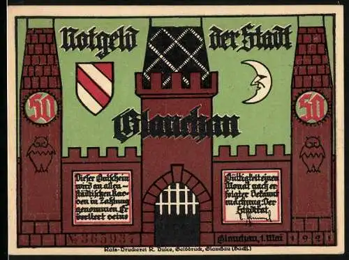 Notgeld Glauchau 1921, 50 Pfennig, Bürgermeister lässt zwei Bauern in den Turm stecken